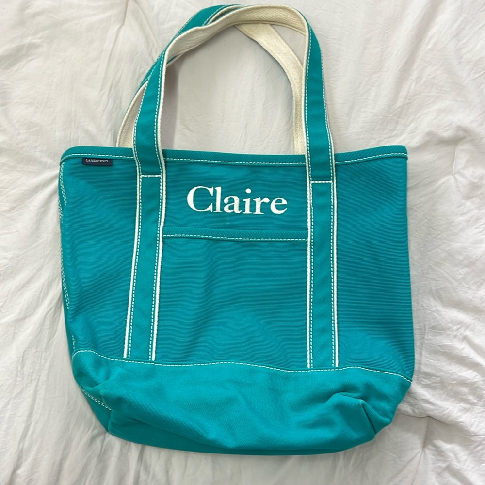 Lands End tote with name “Claire” Teal Turquoise “Medium”